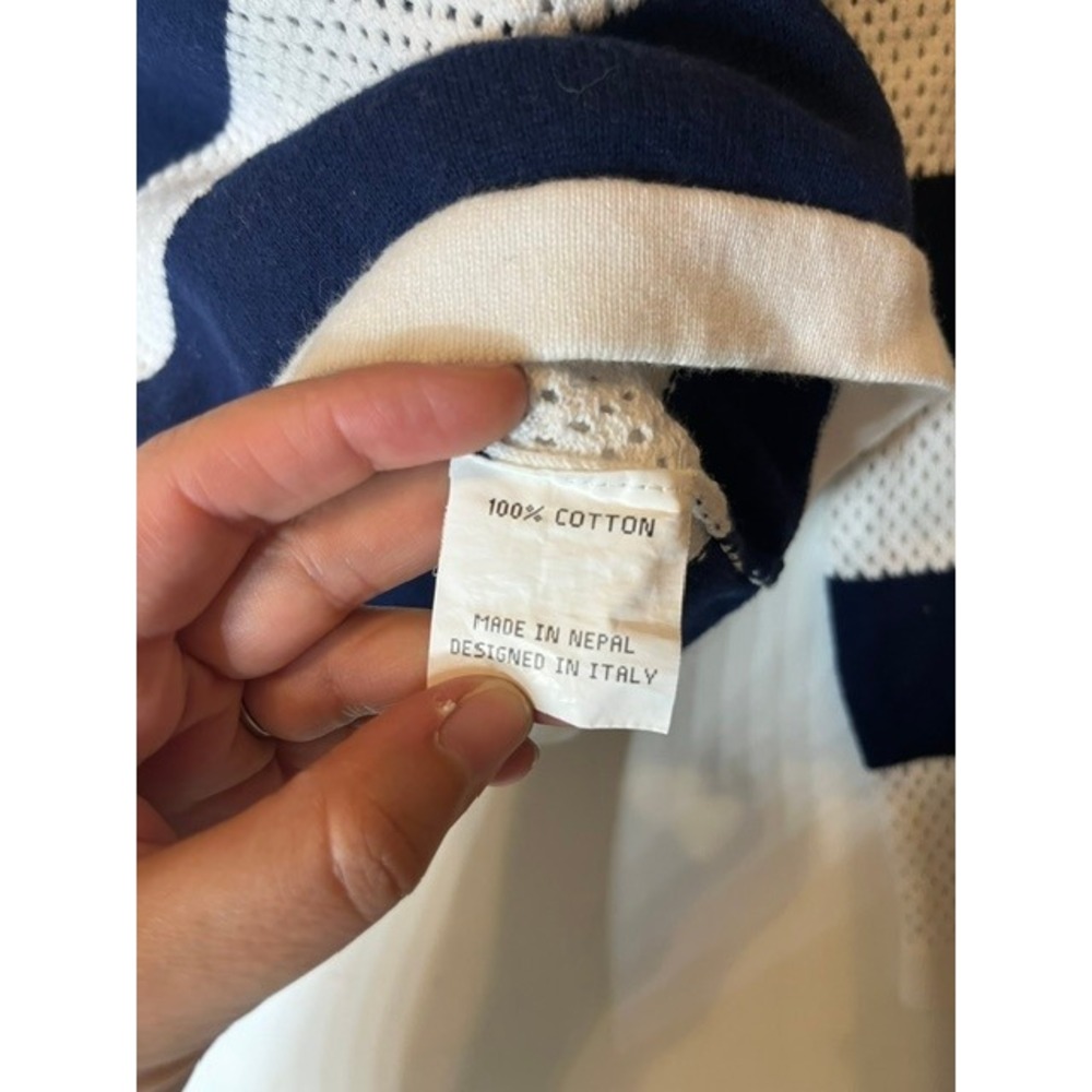 Happy Sheep Women Navy White Striped Cotton Mesh Sweater Crochet Patches Small - Picture 5 of 7